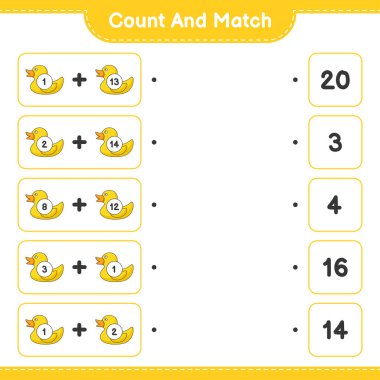 Say ve eşleştir, Rubber Duck 'ın sayısını say ve doğru rakamlarla eşleştir. Eğitimsel çocuk oyunu, yazdırılabilir çalışma tablosu, vektör illüstrasyonu