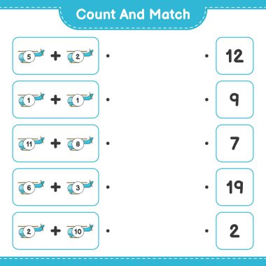Say ve eşleştir, helikopter sayısını say ve doğru numaralarla eşleştir. Eğitimsel çocuk oyunu, yazdırılabilir çalışma tablosu, vektör illüstrasyonu