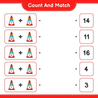 Say ve eşleştir, Piramit Oyuncak sayısını say ve doğru sayılarla eşleştir. Eğitimsel çocuk oyunu, yazdırılabilir çalışma tablosu, vektör illüstrasyonu