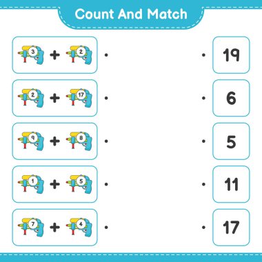 Say ve eşleştir, su tabancası sayısını say ve doğru rakamlarla eşleştir. Eğitimsel çocuk oyunu, yazdırılabilir çalışma tablosu, vektör illüstrasyonu