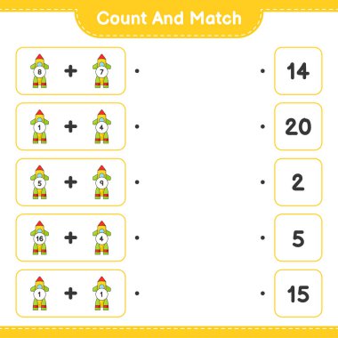 Say ve eşleştir, roket sayısını say ve doğru numaralarla eşleştir. Eğitimsel çocuk oyunu, yazdırılabilir çalışma tablosu, vektör illüstrasyonu