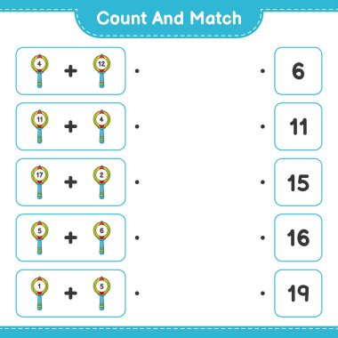 Say ve eşleştir, bebek tıkırtısını say ve doğru rakamlarla eşleştir. Eğitimsel çocuk oyunu, yazdırılabilir çalışma tablosu, vektör illüstrasyonu