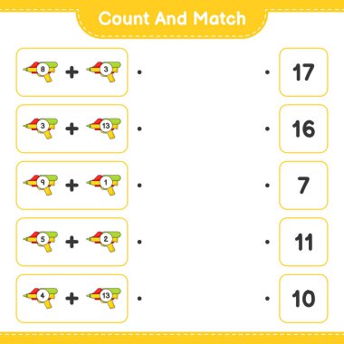 Say ve eşleştir, su tabancası sayısını say ve doğru rakamlarla eşleştir. Eğitimsel çocuk oyunu, yazdırılabilir çalışma tablosu, vektör illüstrasyonu