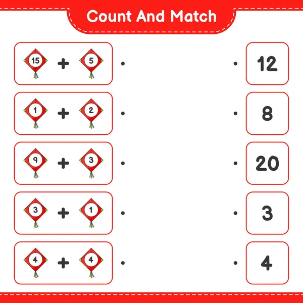 カウントして一致させ カイトの数を数え 正しい数と一致させます 教育用子供ゲーム 印刷可能なワークシート ベクトルイラスト — ストックベクタ