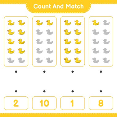 Say ve eşleştir, Rubber Duck 'ın sayısını say ve doğru rakamlarla eşleştir. Eğitimsel çocuk oyunu, yazdırılabilir çalışma tablosu, vektör illüstrasyonu
