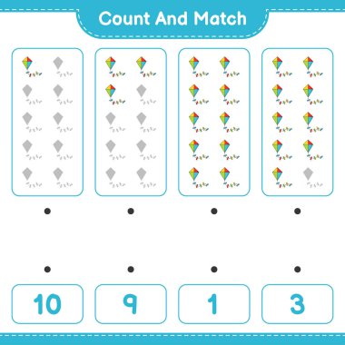 Say ve eşleştir, Kite sayısını say ve doğru sayılarla eşleştir. Eğitimsel çocuk oyunu, yazdırılabilir çalışma tablosu, vektör illüstrasyonu