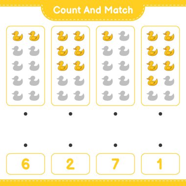 Say ve eşleştir, Rubber Duck 'ın sayısını say ve doğru rakamlarla eşleştir. Eğitimsel çocuk oyunu, yazdırılabilir çalışma tablosu, vektör illüstrasyonu