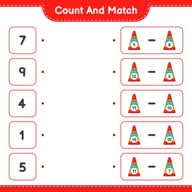 Say ve eşleştir, Piramit Oyuncak sayısını say ve doğru sayılarla eşleştir. Eğitimsel çocuk oyunu, yazdırılabilir çalışma tablosu, vektör illüstrasyonu