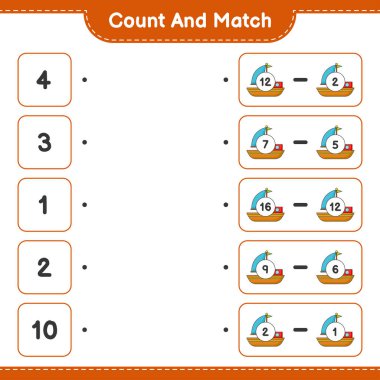 Say ve eşleştir, tekne sayısını say ve doğru rakamlarla eşleştir. Eğitimsel çocuk oyunu, yazdırılabilir çalışma tablosu, vektör illüstrasyonu