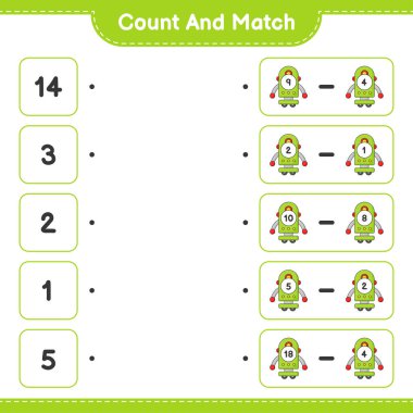 Say ve eşleştir, robot karakter sayısını say ve doğru numaralarla eşleştir. Eğitimsel çocuk oyunu, yazdırılabilir çalışma tablosu, vektör illüstrasyonu