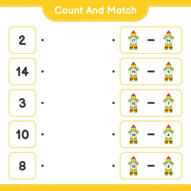 Say ve eşleştir, roket sayısını say ve doğru numaralarla eşleştir. Eğitimsel çocuk oyunu, yazdırılabilir çalışma tablosu, vektör illüstrasyonu