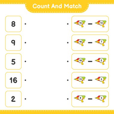 Say ve eşleştir, su tabancası sayısını say ve doğru rakamlarla eşleştir. Eğitimsel çocuk oyunu, yazdırılabilir çalışma tablosu, vektör illüstrasyonu