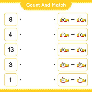 Say ve eşleştir, denizaltının sayısını say ve doğru rakamlarla eşleştir. Eğitimsel çocuk oyunu, yazdırılabilir çalışma tablosu, vektör illüstrasyonu