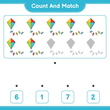 Say ve eşleştir, Kite sayısını say ve doğru sayılarla eşleştir. Eğitimsel çocuk oyunu, yazdırılabilir çalışma tablosu, vektör illüstrasyonu