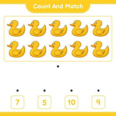 Say ve eşleştir, Rubber Duck 'ın sayısını say ve doğru rakamlarla eşleştir. Eğitimsel çocuk oyunu, yazdırılabilir çalışma tablosu, vektör illüstrasyonu