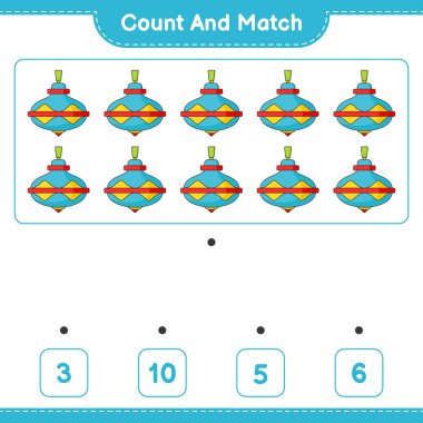 Say ve eşleştir, Whirligig Oyuncak sayısını say ve doğru numaralarla eşleştir. Eğitimsel çocuk oyunu, yazdırılabilir çalışma tablosu, vektör illüstrasyonu