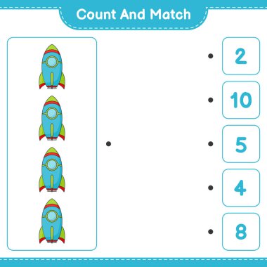 Say ve eşleştir, roket sayısını say ve doğru numaralarla eşleştir. Eğitimsel çocuk oyunu, yazdırılabilir çalışma tablosu, vektör illüstrasyonu