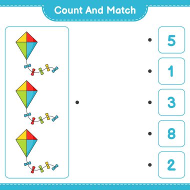 Say ve eşleştir, Kite sayısını say ve doğru sayılarla eşleştir. Eğitimsel çocuk oyunu, yazdırılabilir çalışma tablosu, vektör illüstrasyonu