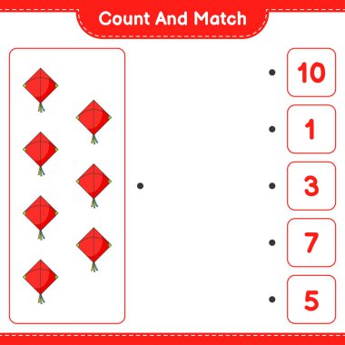 Say ve eşleştir, Kite sayısını say ve doğru sayılarla eşleştir. Eğitimsel çocuk oyunu, yazdırılabilir çalışma tablosu, vektör illüstrasyonu