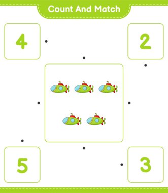 Say ve eşleştir, denizaltının sayısını say ve doğru rakamlarla eşleştir. Eğitimsel çocuk oyunu, yazdırılabilir çalışma tablosu, vektör illüstrasyonu