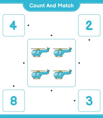 Say ve eşleştir, helikopter sayısını say ve doğru numaralarla eşleştir. Eğitimsel çocuk oyunu, yazdırılabilir çalışma tablosu, vektör illüstrasyonu