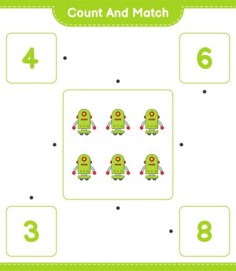 Say ve eşleştir, robot karakter sayısını say ve doğru numaralarla eşleştir. Eğitimsel çocuk oyunu, yazdırılabilir çalışma tablosu, vektör illüstrasyonu