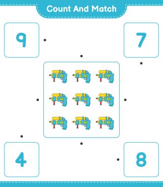 Say ve eşleştir, su tabancası sayısını say ve doğru rakamlarla eşleştir. Eğitimsel çocuk oyunu, yazdırılabilir çalışma tablosu, vektör illüstrasyonu