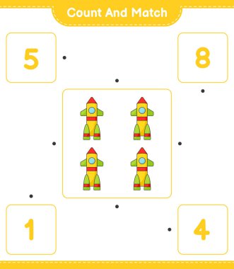 Say ve eşleştir, roket sayısını say ve doğru numaralarla eşleştir. Eğitimsel çocuk oyunu, yazdırılabilir çalışma tablosu, vektör illüstrasyonu