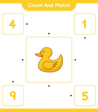 Say ve eşleştir, Rubber Duck 'ın sayısını say ve doğru rakamlarla eşleştir. Eğitimsel çocuk oyunu, yazdırılabilir çalışma tablosu, vektör illüstrasyonu