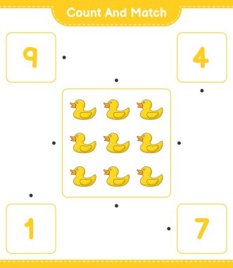 Say ve eşleştir, Rubber Duck 'ın sayısını say ve doğru rakamlarla eşleştir. Eğitimsel çocuk oyunu, yazdırılabilir çalışma tablosu, vektör illüstrasyonu