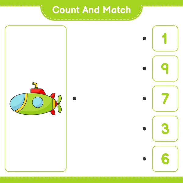 stock vector Count and match, count the number of Submarine and match with the right numbers. Educational children game, printable worksheet, vector illustration