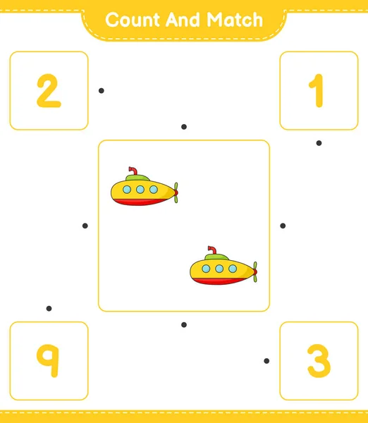 カウントして一致させ 潜水艦の数を数え 正しい数と一致させます 教育用子供ゲーム 印刷可能なワークシート ベクトルイラスト — ストックベクタ