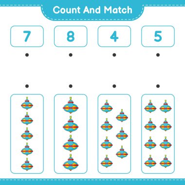 Say ve eşleştir, Whirligig Oyuncak sayısını say ve doğru numaralarla eşleştir. Eğitimsel çocuk oyunu, yazdırılabilir çalışma tablosu, vektör illüstrasyonu