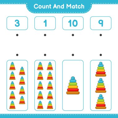Say ve eşleştir, Piramit Oyuncak sayısını say ve doğru sayılarla eşleştir. Eğitimsel çocuk oyunu, yazdırılabilir çalışma tablosu, vektör illüstrasyonu