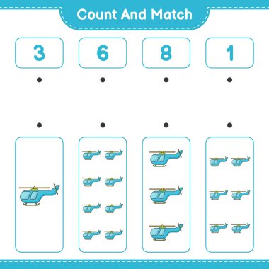 Say ve eşleştir, helikopter sayısını say ve doğru numaralarla eşleştir. Eğitimsel çocuk oyunu, yazdırılabilir çalışma tablosu, vektör illüstrasyonu