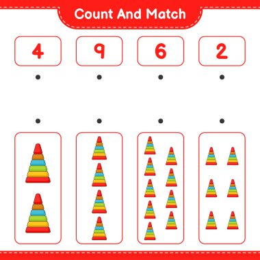 Say ve eşleştir, Piramit Oyuncak sayısını say ve doğru sayılarla eşleştir. Eğitimsel çocuk oyunu, yazdırılabilir çalışma tablosu, vektör illüstrasyonu