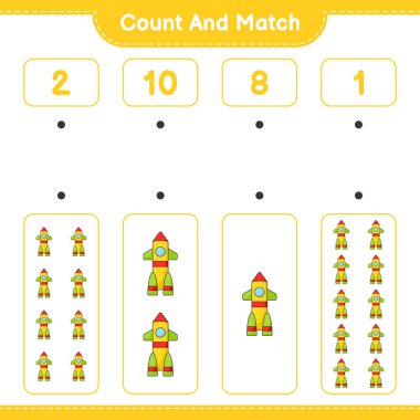 Say ve eşleştir, roket sayısını say ve doğru numaralarla eşleştir. Eğitimsel çocuk oyunu, yazdırılabilir çalışma tablosu, vektör illüstrasyonu