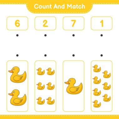 Say ve eşleştir, Rubber Duck 'ın sayısını say ve doğru rakamlarla eşleştir. Eğitimsel çocuk oyunu, yazdırılabilir çalışma tablosu, vektör illüstrasyonu