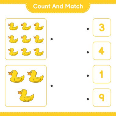 Say ve eşleştir, Rubber Duck 'ın sayısını say ve doğru rakamlarla eşleştir. Eğitimsel çocuk oyunu, yazdırılabilir çalışma tablosu, vektör illüstrasyonu