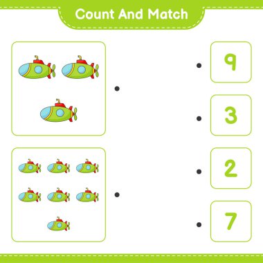 Say ve eşleştir, denizaltının sayısını say ve doğru rakamlarla eşleştir. Eğitimsel çocuk oyunu, yazdırılabilir çalışma tablosu, vektör illüstrasyonu