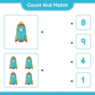 Say ve eşleştir, roket sayısını say ve doğru numaralarla eşleştir. Eğitimsel çocuk oyunu, yazdırılabilir çalışma tablosu, vektör illüstrasyonu