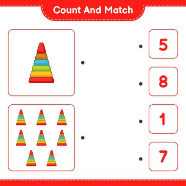 Say ve eşleştir, Piramit Oyuncak sayısını say ve doğru sayılarla eşleştir. Eğitimsel çocuk oyunu, yazdırılabilir çalışma tablosu, vektör illüstrasyonu