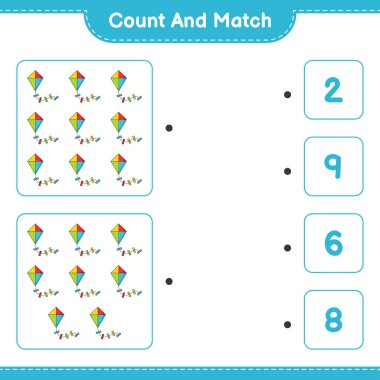 Say ve eşleştir, Kite sayısını say ve doğru sayılarla eşleştir. Eğitimsel çocuk oyunu, yazdırılabilir çalışma tablosu, vektör illüstrasyonu