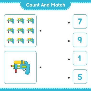 Say ve eşleştir, su tabancası sayısını say ve doğru rakamlarla eşleştir. Eğitimsel çocuk oyunu, yazdırılabilir çalışma tablosu, vektör illüstrasyonu