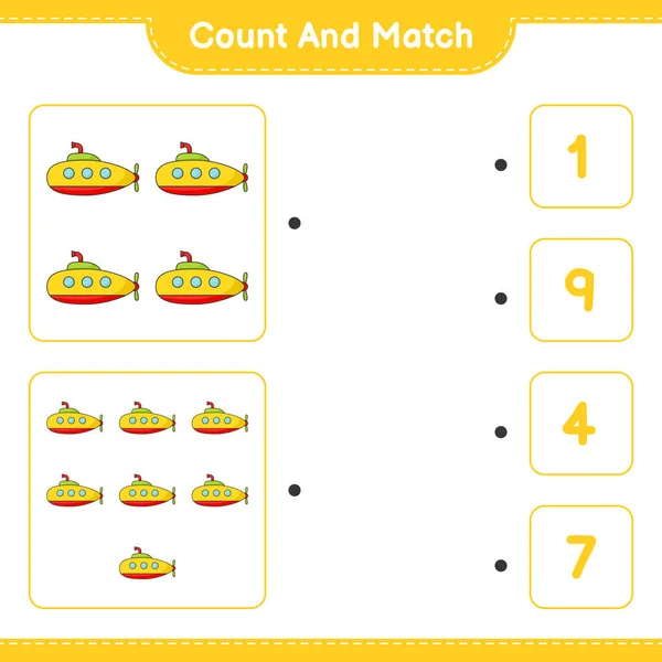Подсчитайте Сравните Посчитайте Количество Подводных Лодок Сопоставьте Правильными Номерами Образовательные — стоковый вектор