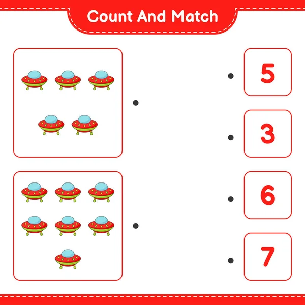 Contar Emparejar Contar Número Ufo Emparejar Con Los Números Correctos — Archivo Imágenes Vectoriales