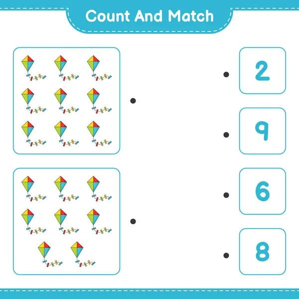Say Eşleştir Kite Sayısını Say Doğru Sayılarla Eşleştir Eğitimsel Çocuk — Stok Vektör