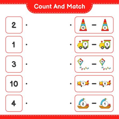 Say ve eşleştir, Piramit Oyuncak, Tren, Uçurtma, Uçak, Tekne sayısını say ve doğru rakamlarla eşleştir. Eğitimsel çocuk oyunu, yazdırılabilir çalışma tablosu, vektör illüstrasyonu