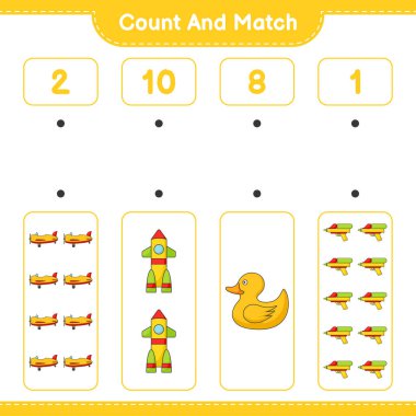 Say ve eşleştir, uçak, roket, lastik ördek, su tabancası sayısını say ve doğru rakamlarla eşleştir. Eğitimsel çocuk oyunu, yazdırılabilir çalışma tablosu, vektör illüstrasyonu