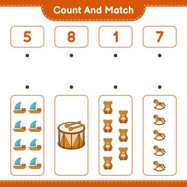 Say ve eşleştir. Tekne, Davul, Oyuncak Ayı, Sallanan At ve doğru rakamlarla eşleşen rakamı say. Eğitimsel çocuk oyunu, yazdırılabilir çalışma tablosu, vektör illüstrasyonu